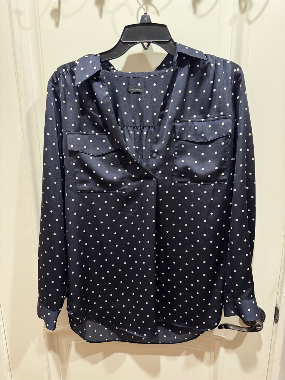 Ann Taylor Navy and White Polka Dot Button-Down Blouse